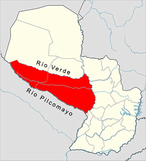 En rojo el territorio en disputa entre Argentina y Paraguay, luego adjudicado a Paraguay.